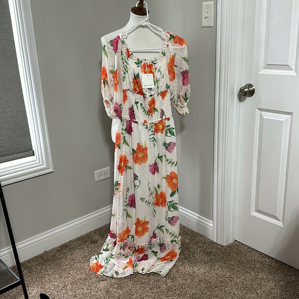 NWT beautiful floral SkyLar Rose maxi dress with shirred waistline detail